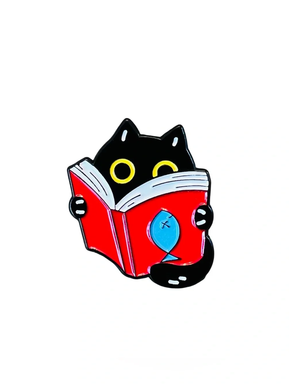 Black Cat Enamel Pin featuring a Studious, Reading Feline